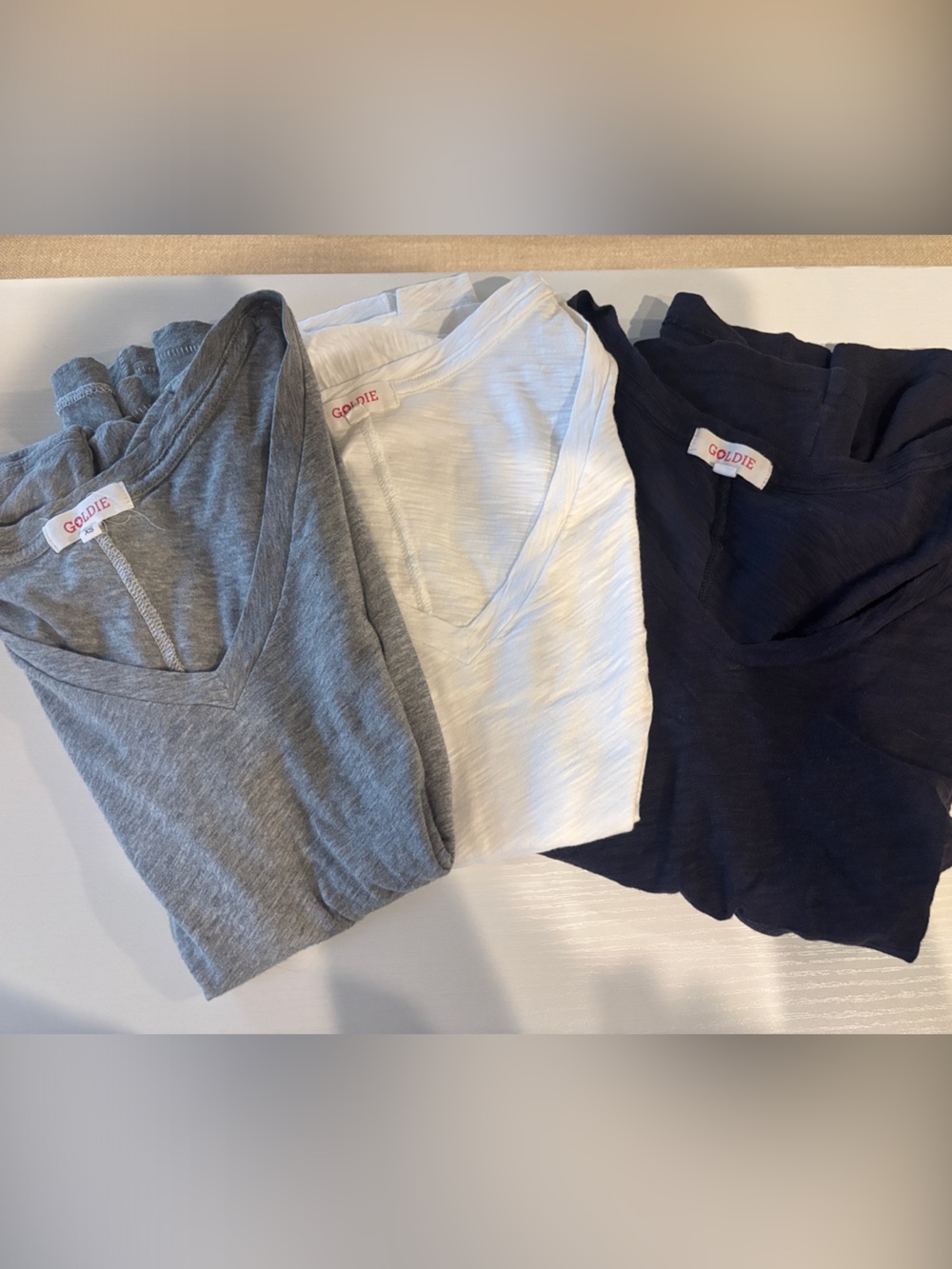 Goldie V-Neck Tee Trio in Gray, White & Navy